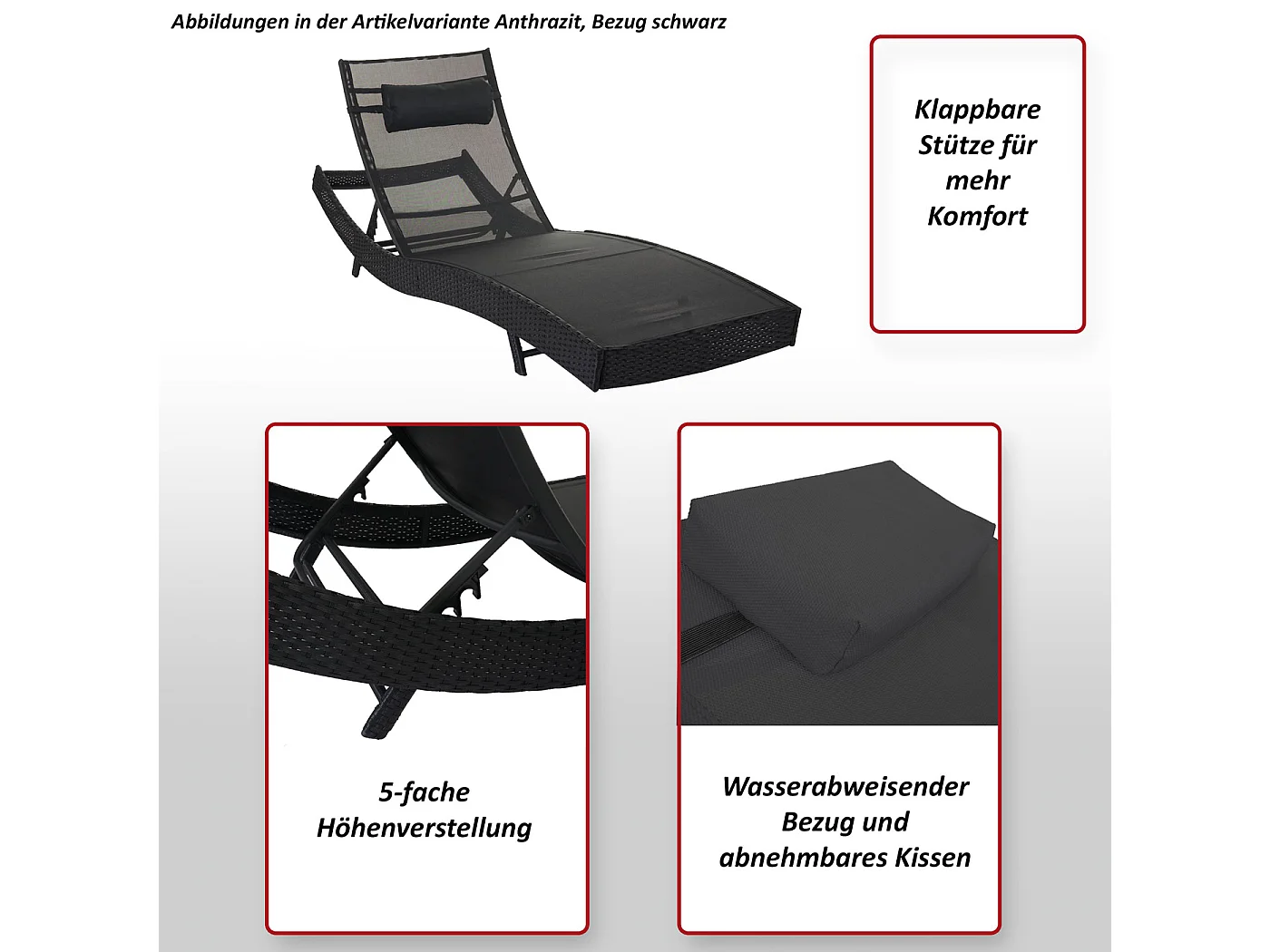 Ligstoel Phoenix,  antraciet, bekleding grijs