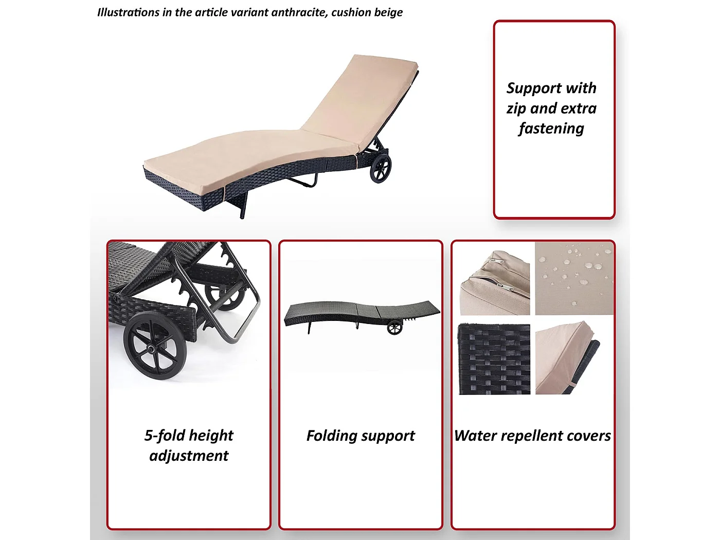 Leżak ogrodowy MCW-D80,  antracyt, beżowe poduszki