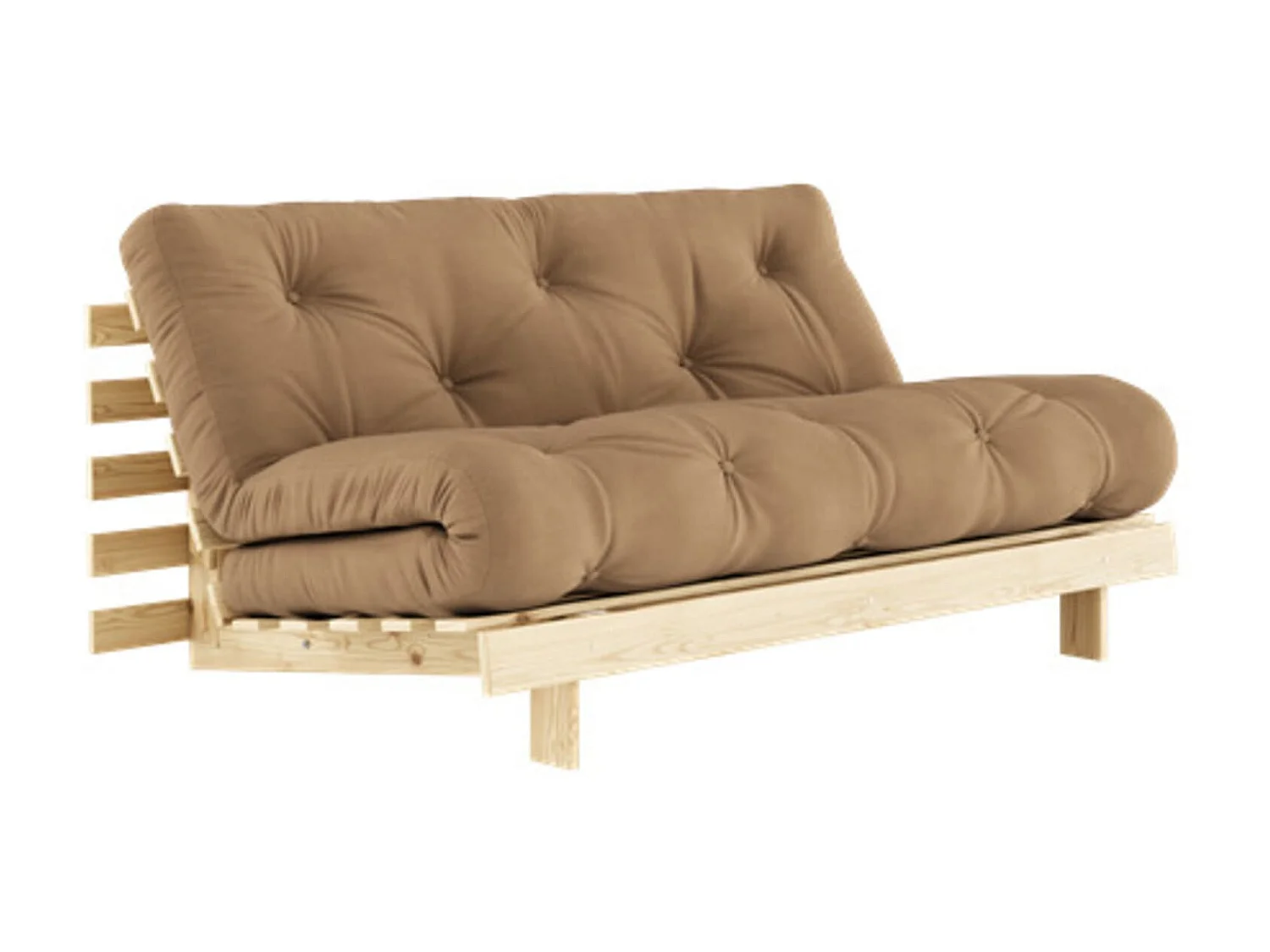 Canapé convertible ROOTS en pin massif naturel avec matelas futon marron 160x200