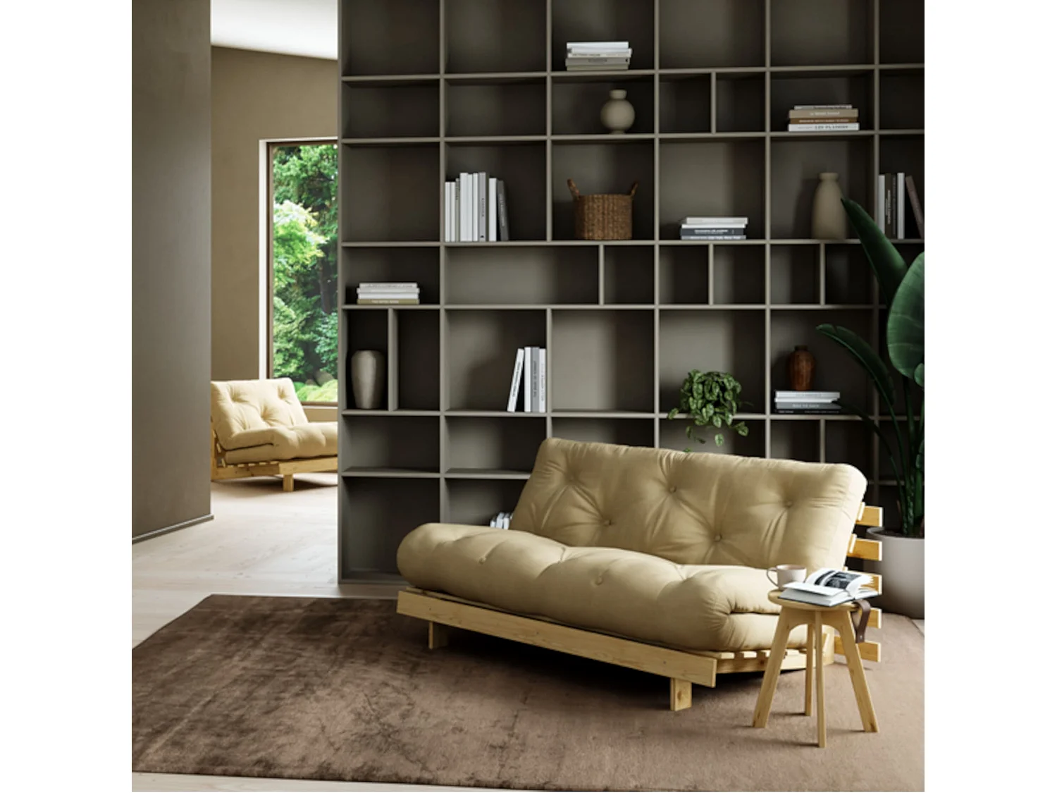 Canapé convertible ROOTS en pin massif naturel avec matelas futon naturel 160x200