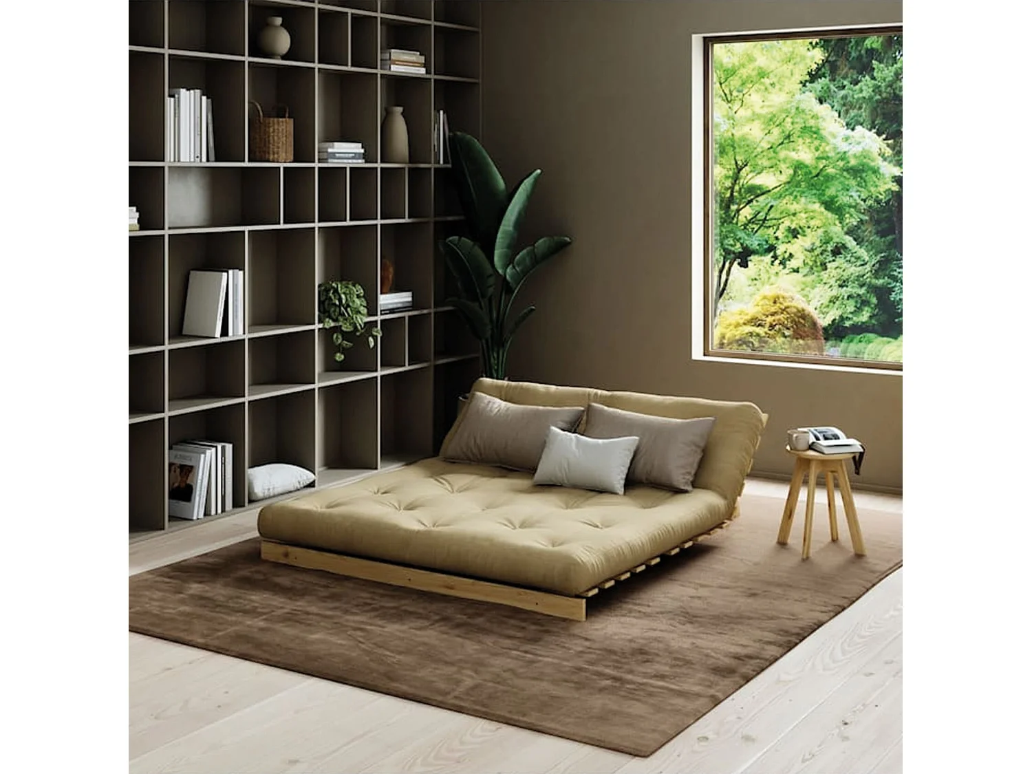 Canapé convertible ROOTS en pin massif naturel avec matelas futon naturel 160x200