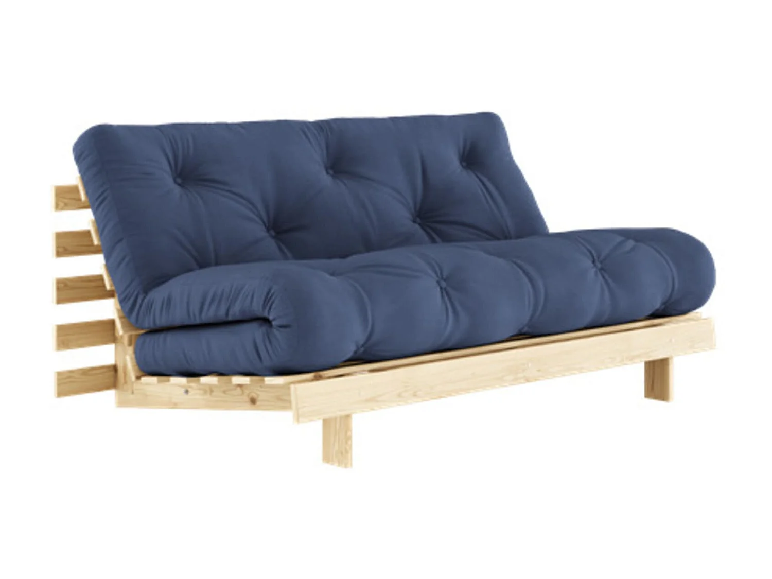 Canapé convertible ROOTS en pin massif naturel avec matelas futon bleu 160x200