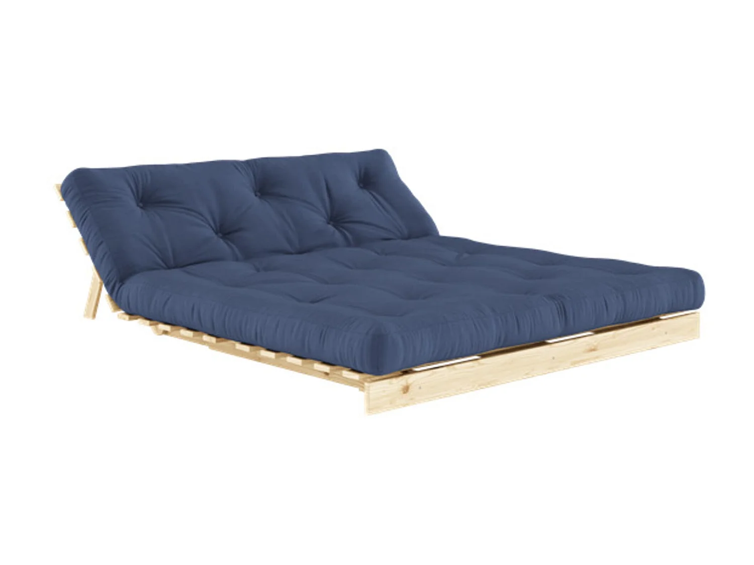 Canapé convertible ROOTS en pin massif naturel avec matelas futon bleu 160x200