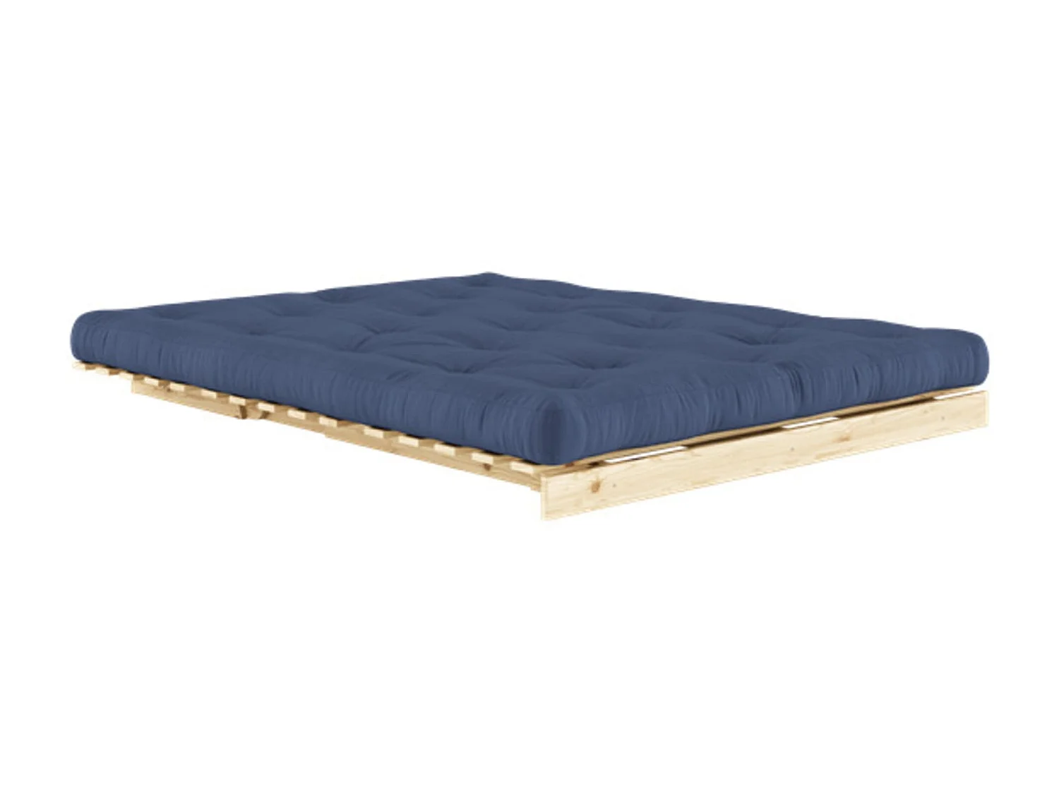 Canapé convertible ROOTS en pin massif naturel avec matelas futon bleu 160x200