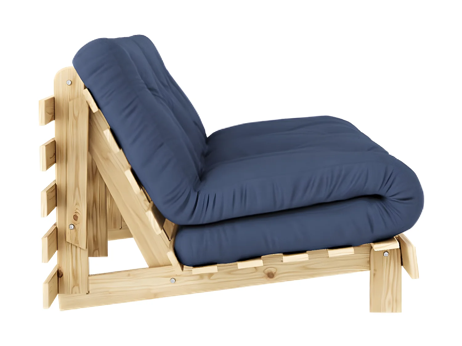Canapé convertible ROOTS en pin massif naturel avec matelas futon bleu 160x200