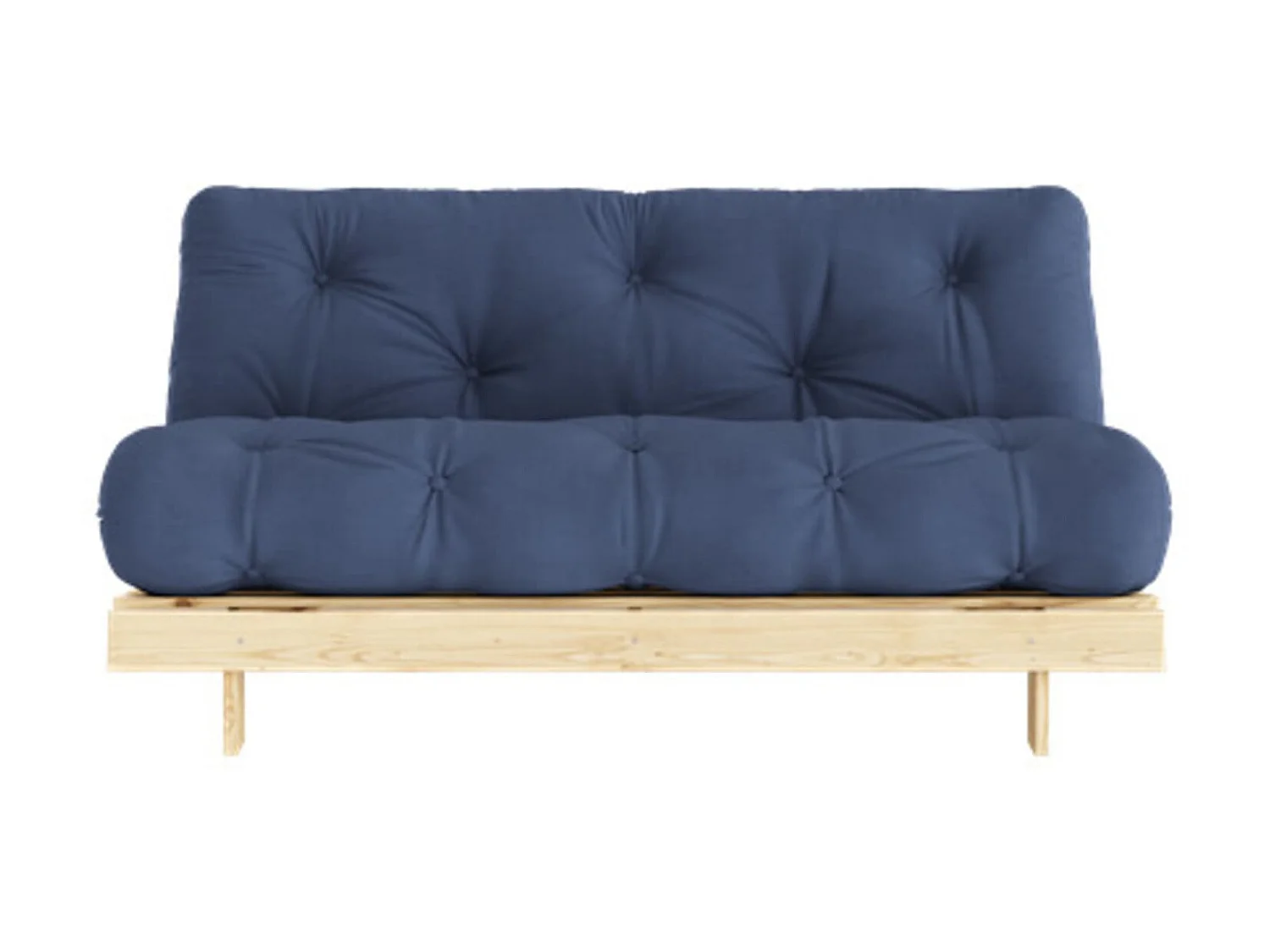 Canapé convertible ROOTS en pin massif naturel avec matelas futon bleu 160x200