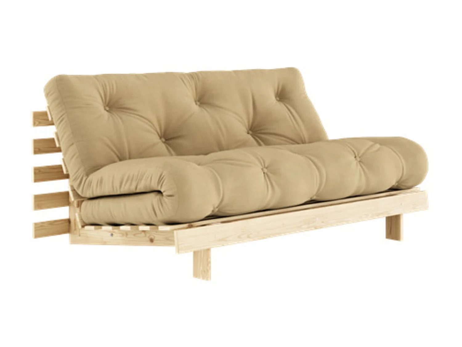 Canapé convertible ROOTS en pin massif naturel avec matelas futon beige 160x200