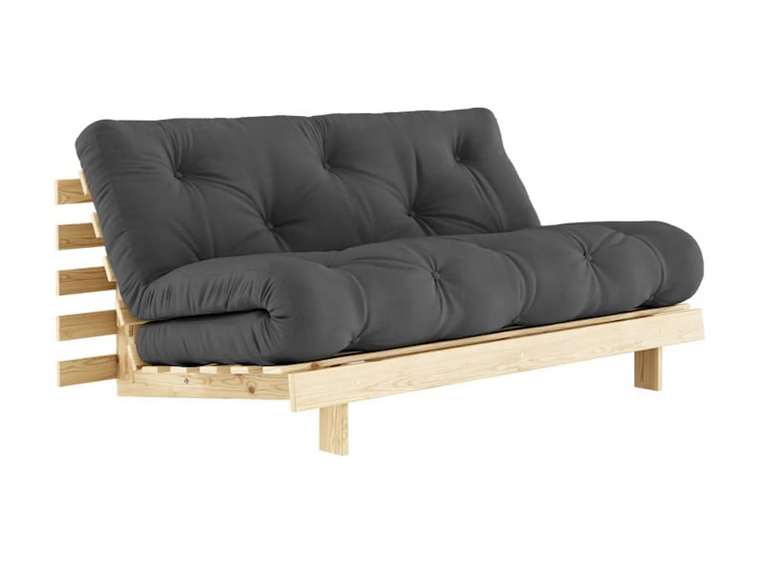 Canapé convertible ROOTS en pin massif naturel avec matelas futon anthracite 160x200