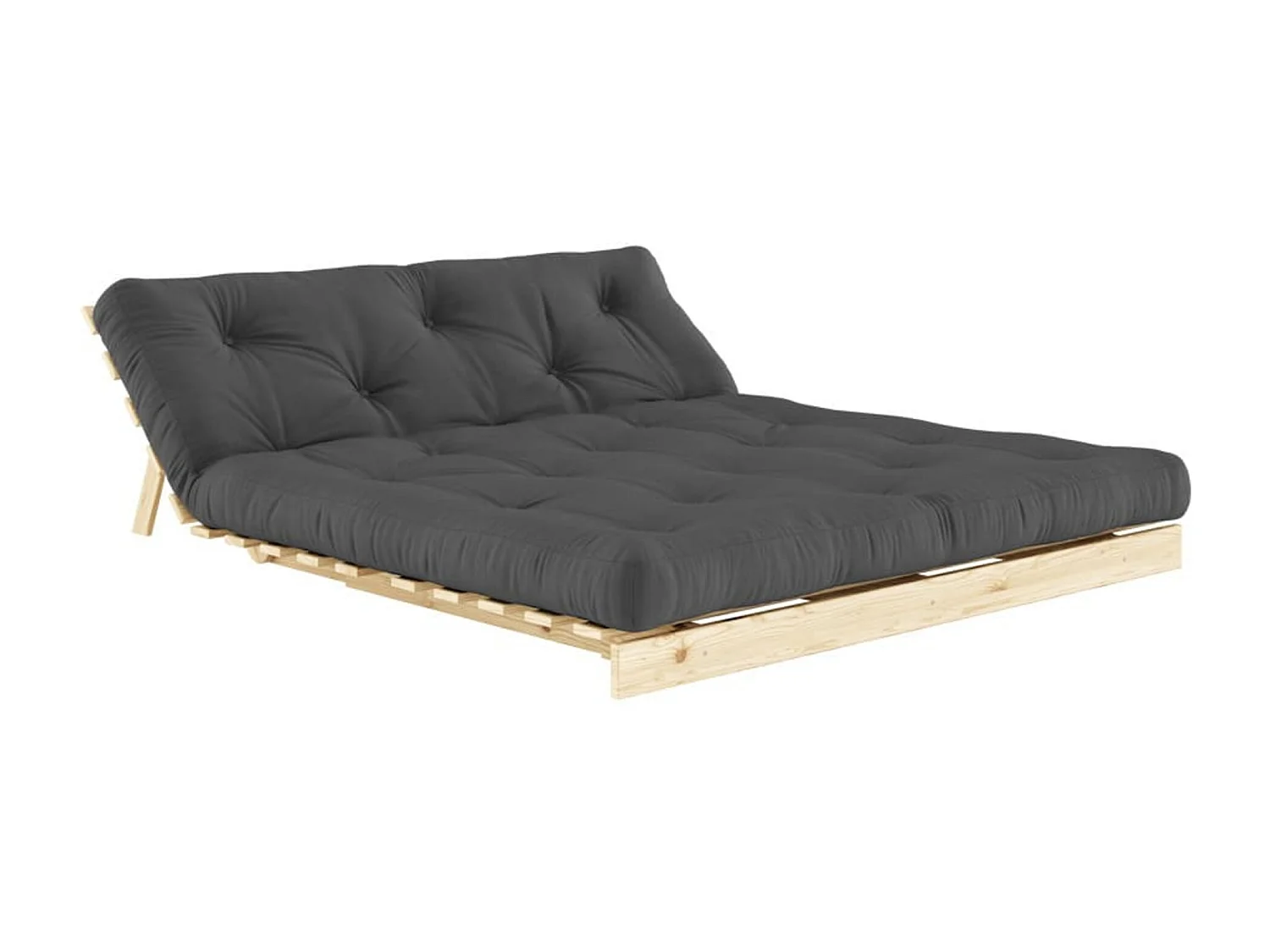 Canapé convertible ROOTS en pin massif naturel avec matelas futon anthracite 160x200