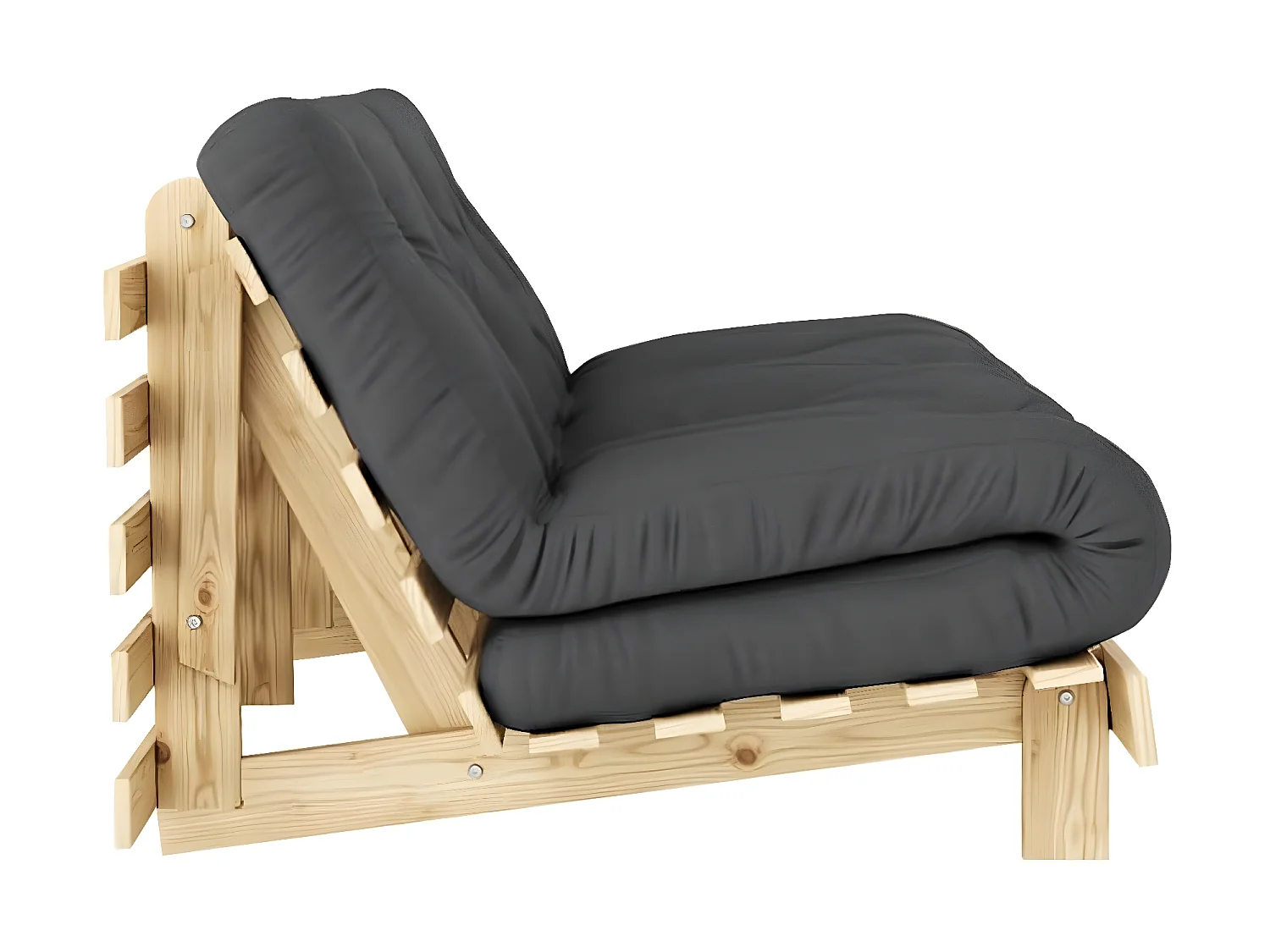 Canapé convertible ROOTS en pin massif naturel avec matelas futon anthracite 160x200