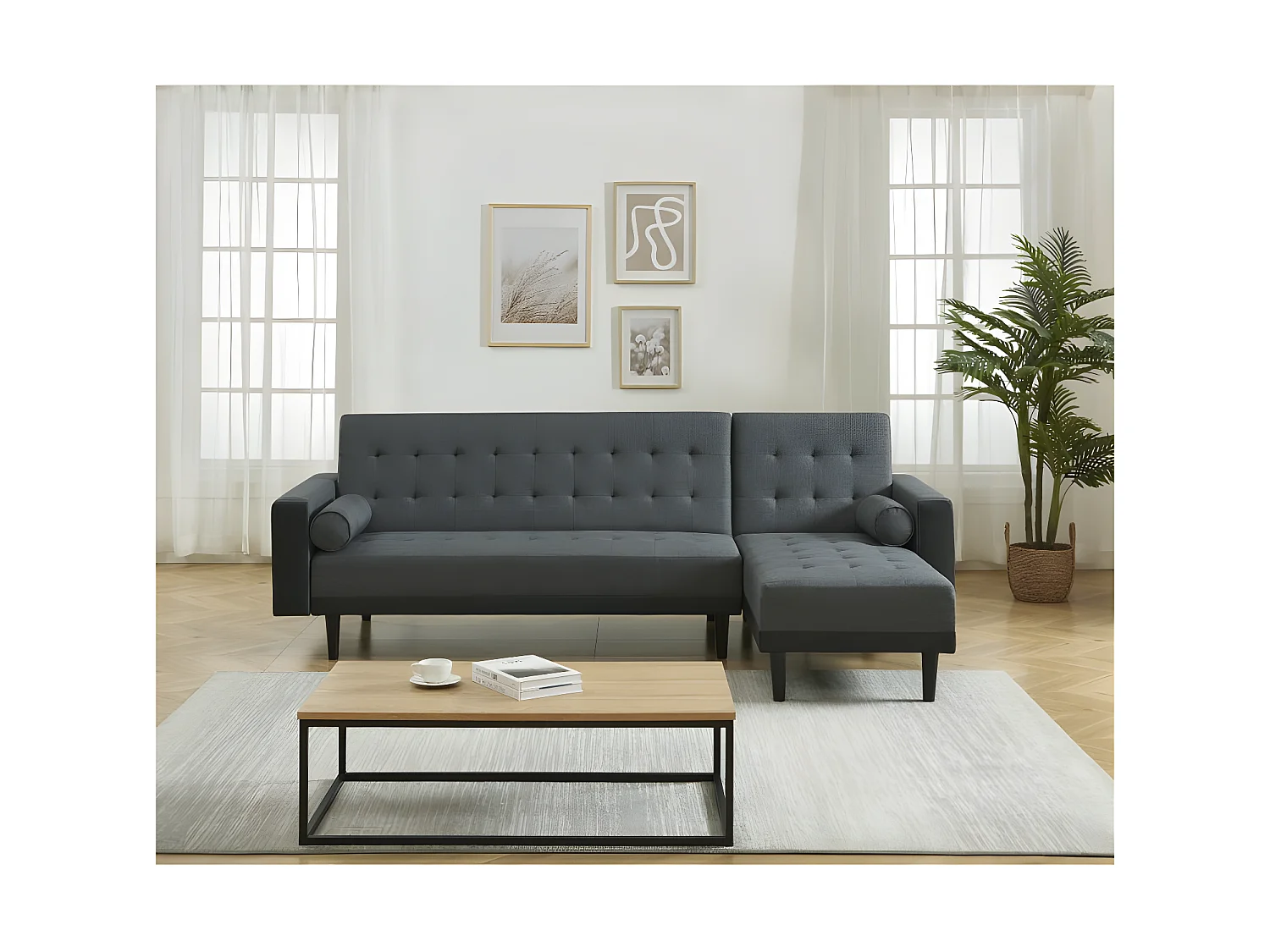 Canapé d'angle LUXURY convertible tissu gris et PU noir 4 places