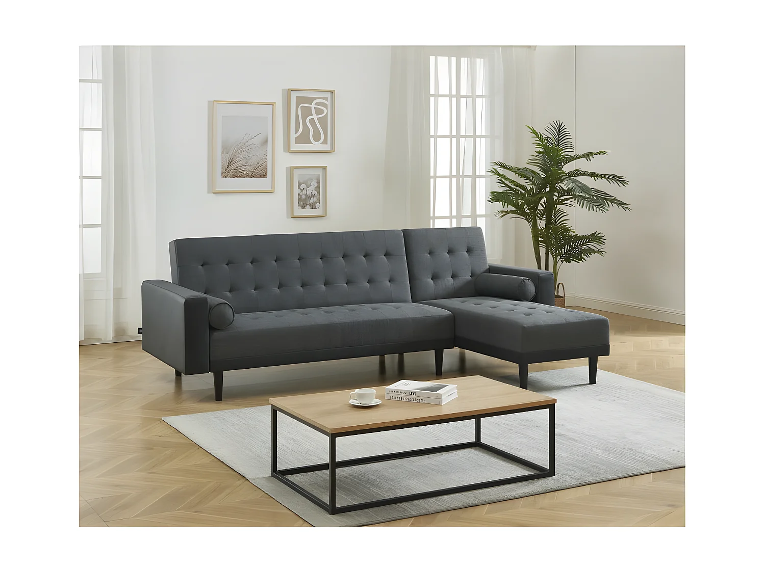 Canapé d'angle LUXURY convertible tissu gris et PU noir 4 places