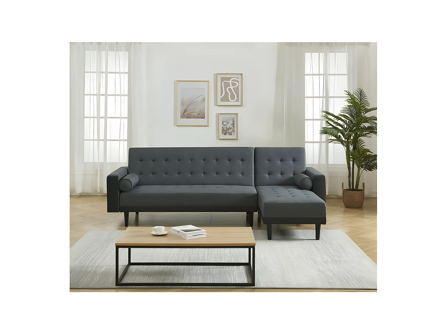 Canapé d'angle LUXURY convertible tissu gris et PU noir 4 places