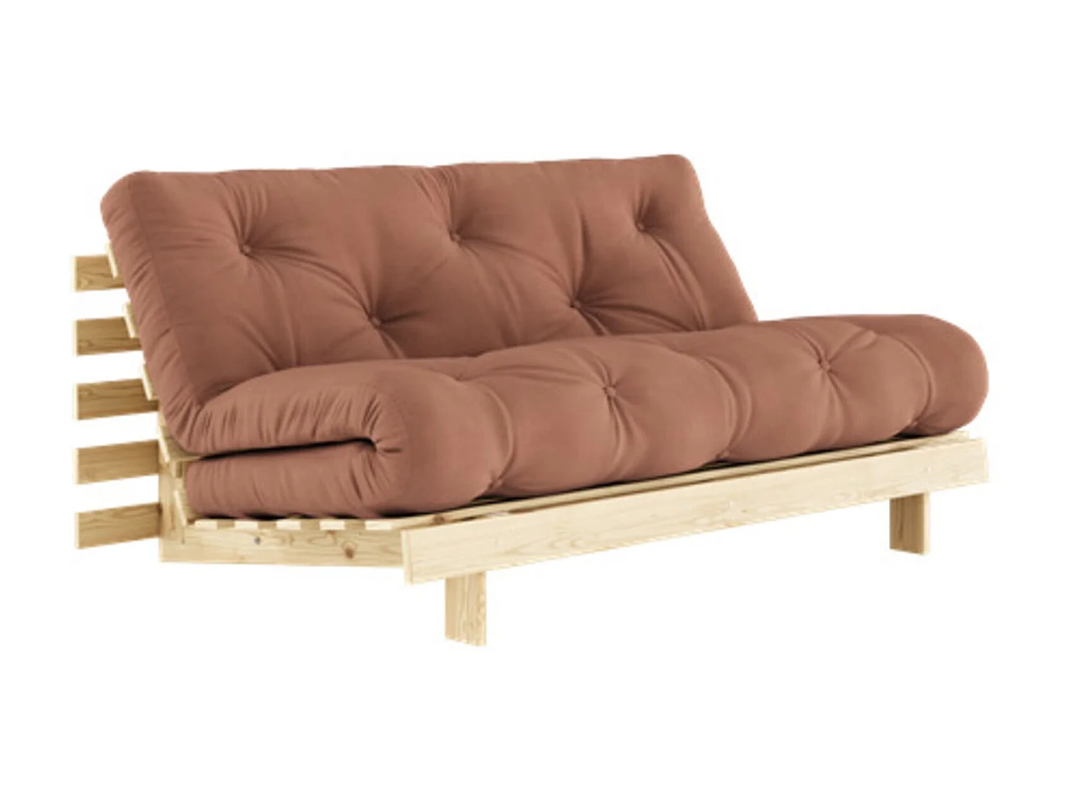 Canapé convertible ROOTS en pin massif naturel avec matelas futon marron noisette 160x200
