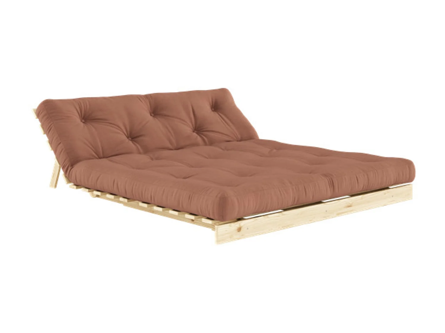 Canapé convertible ROOTS en pin massif naturel avec matelas futon marron noisette 160x200