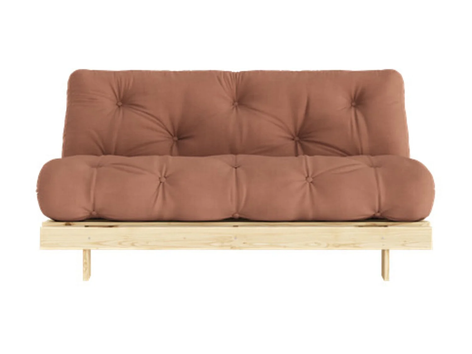 Canapé convertible ROOTS en pin massif naturel avec matelas futon marron noisette 160x200