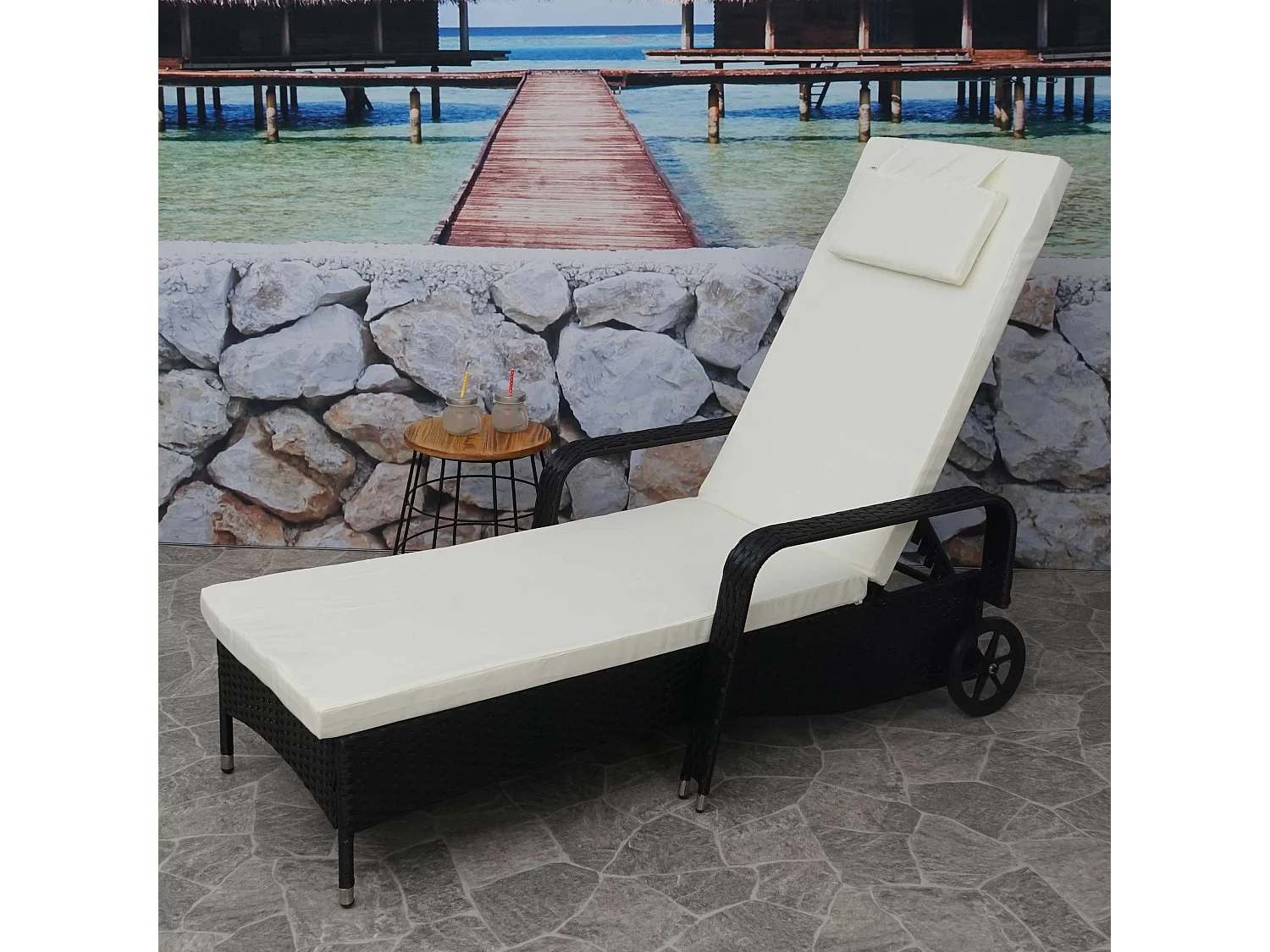 Ligstoel Cesena van polyrattan,  antraciet, beige kussens