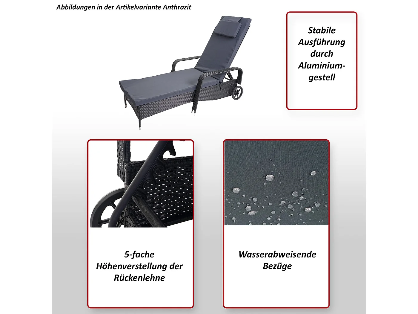 Ligstoel Cesena van polyrattan,  antraciet, beige kussens