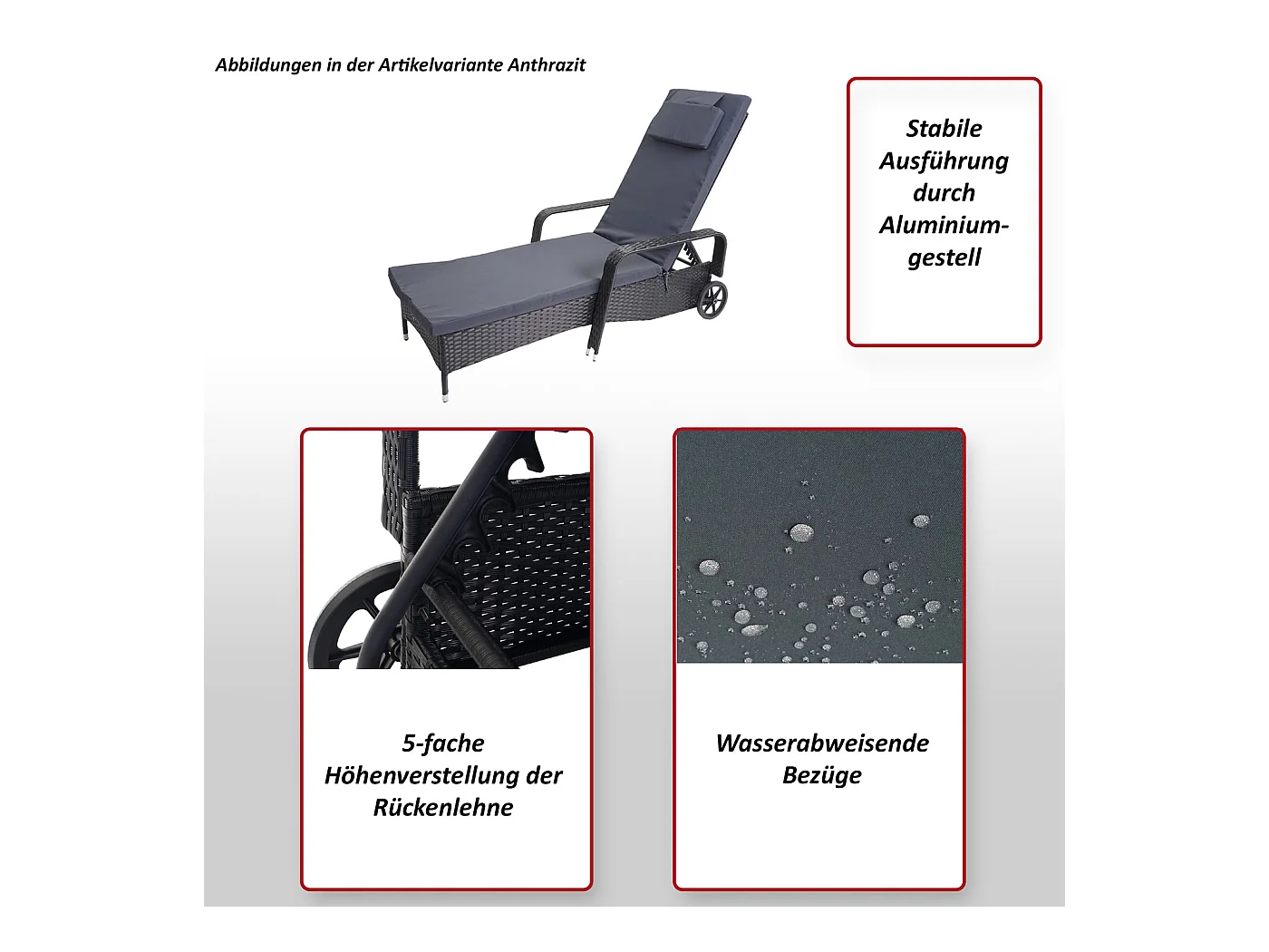 Polirattanowy leżak Cesena,  antracyt, beżowe poduszki