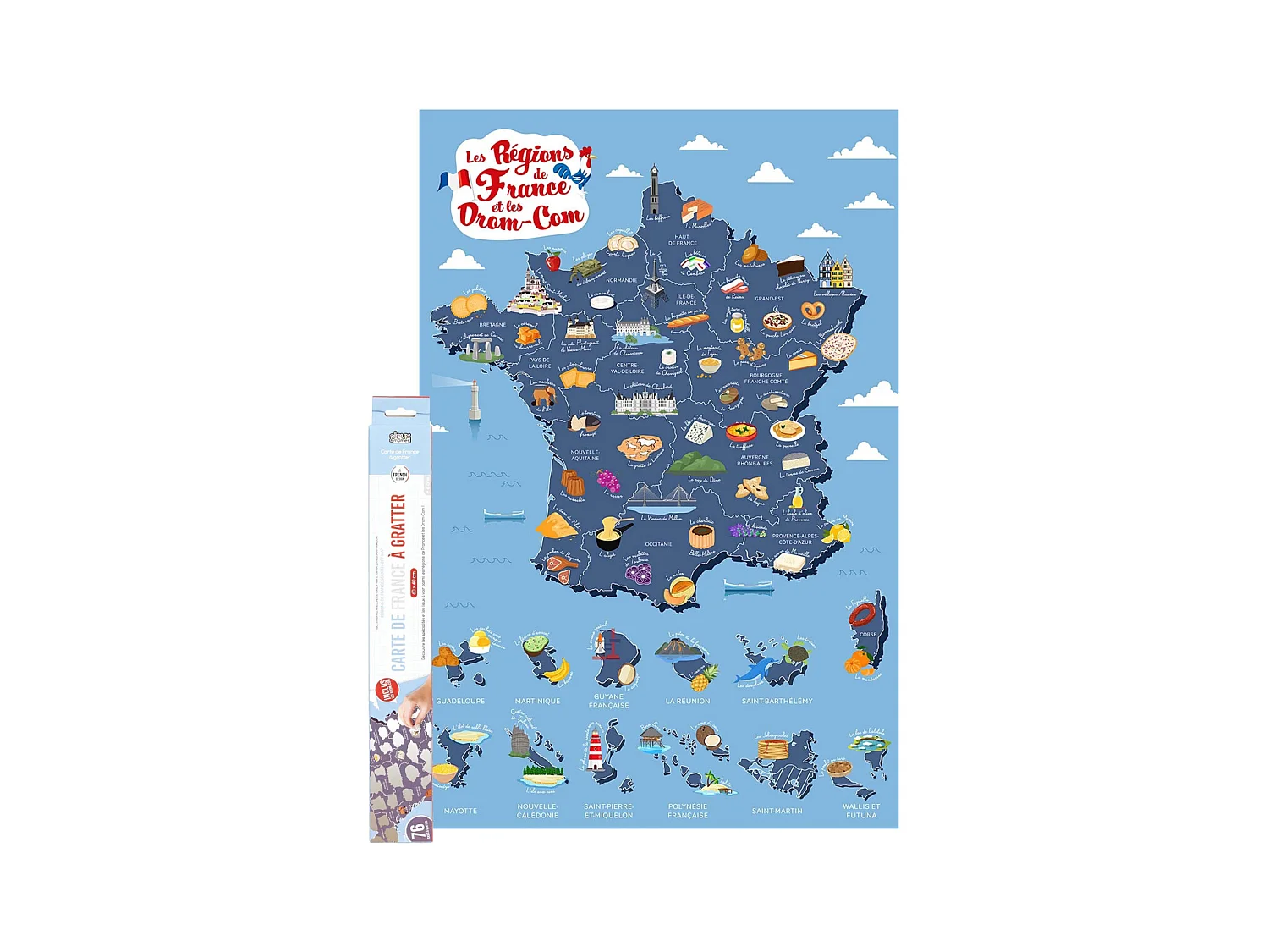 Carte à Gratter "Régions de France" 70cm Bleu