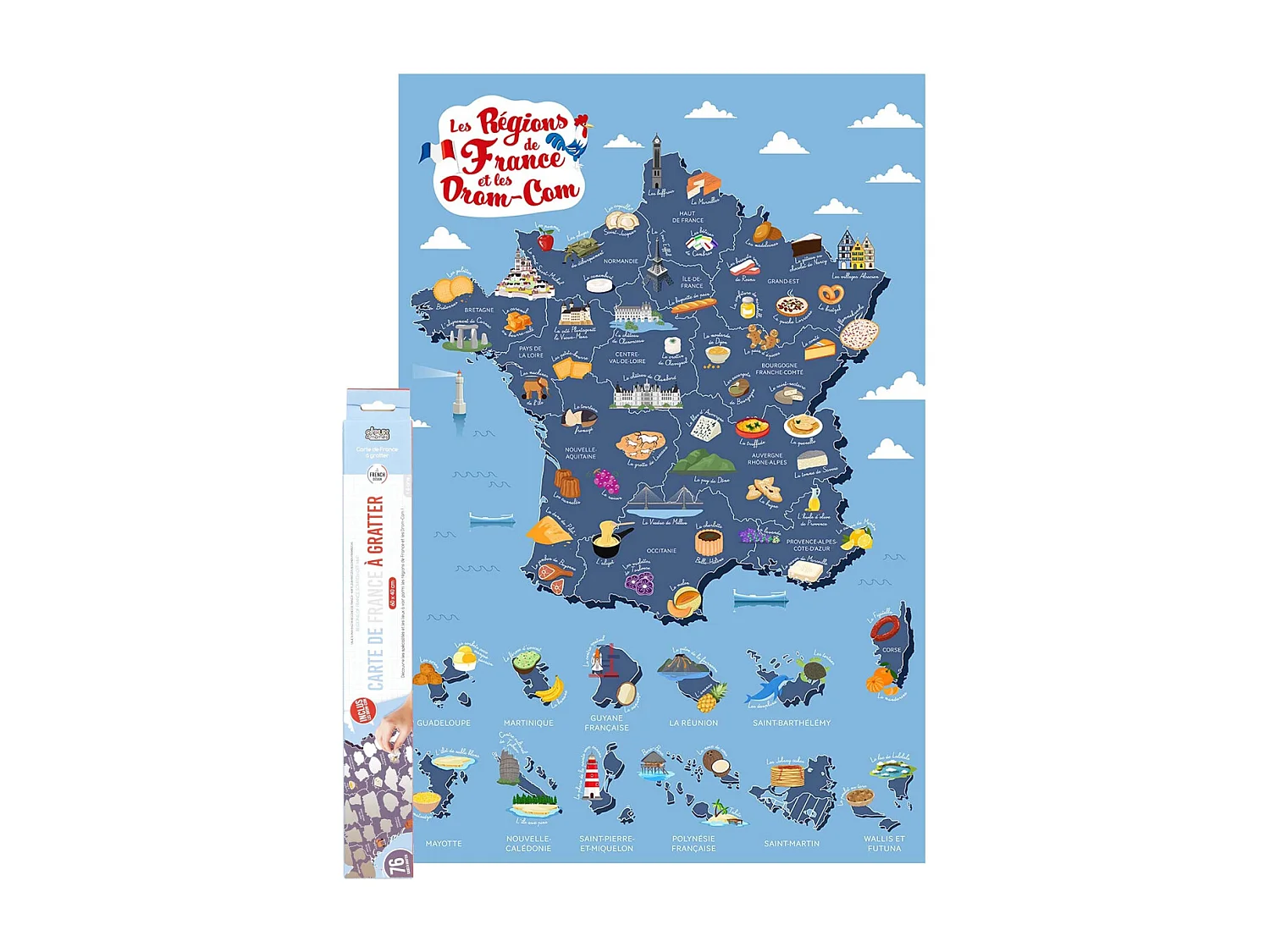 Carte à Gratter "Régions de France" 70cm Bleu