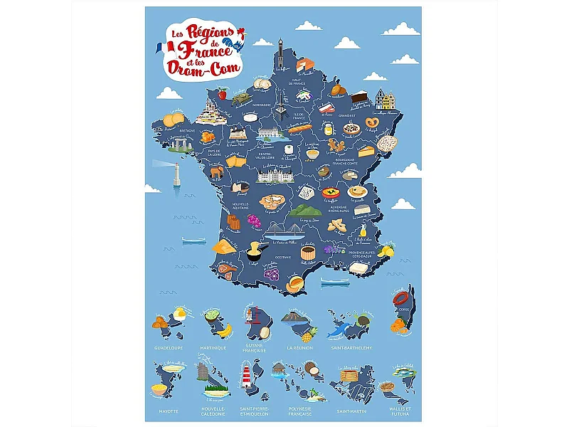 Carte à Gratter "Régions de France" 70cm Bleu