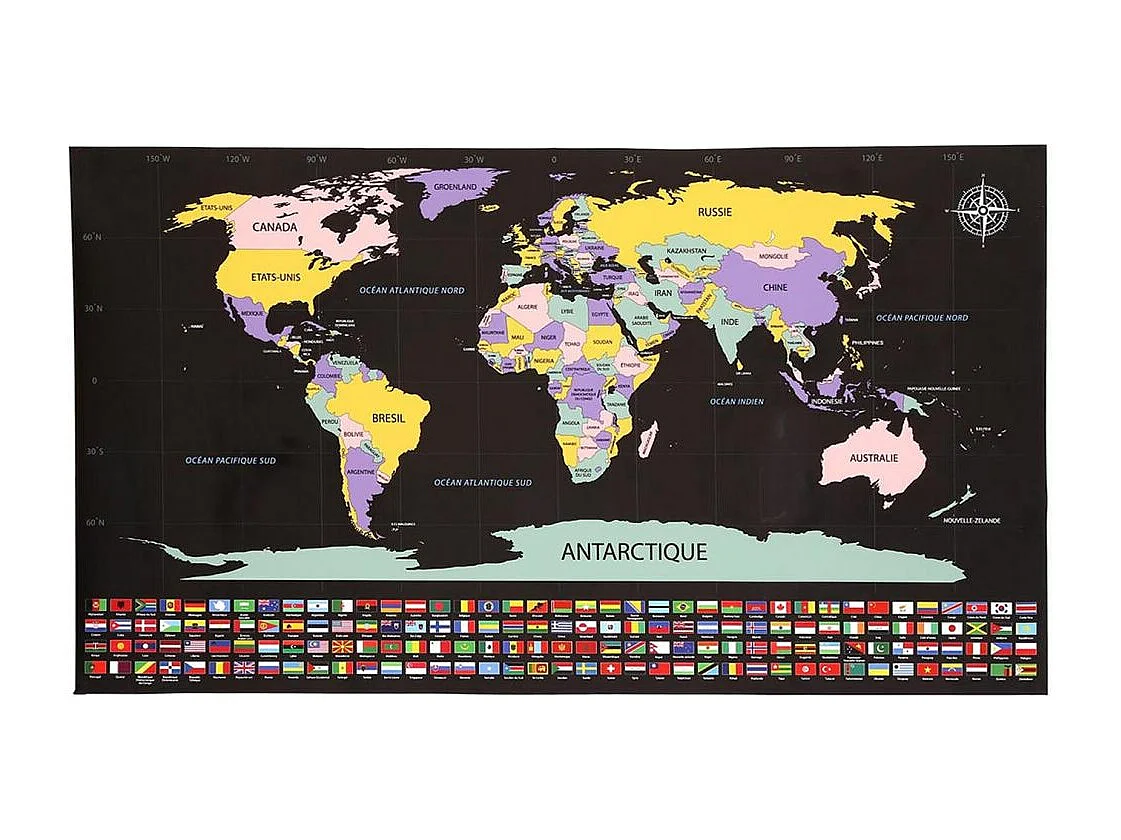 Rubbelweltkarte mit Flaggen 80x45 cm