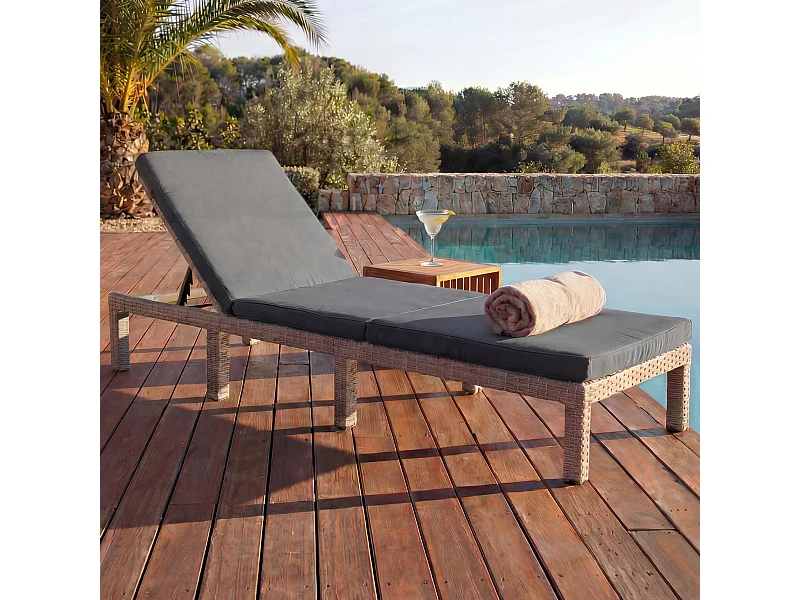 Poly-Rattan Sonnenliege MCW-A51 Basic, Basic grau, Kissen dunkelgrau