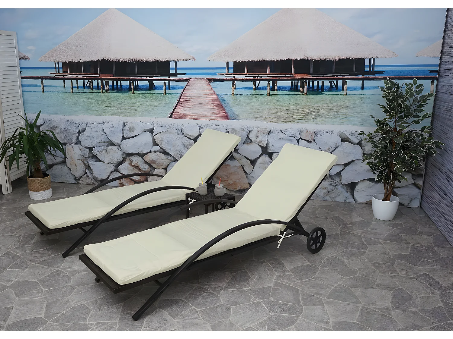 Ligstoel MCW-E27 (set van 2),  bruin, kussens crème-beige