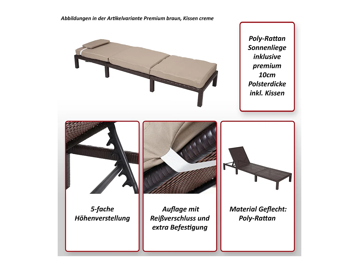 Polyrotan ligstoel MCW-A51 Premium,  Premium antraciet, kussen grijs