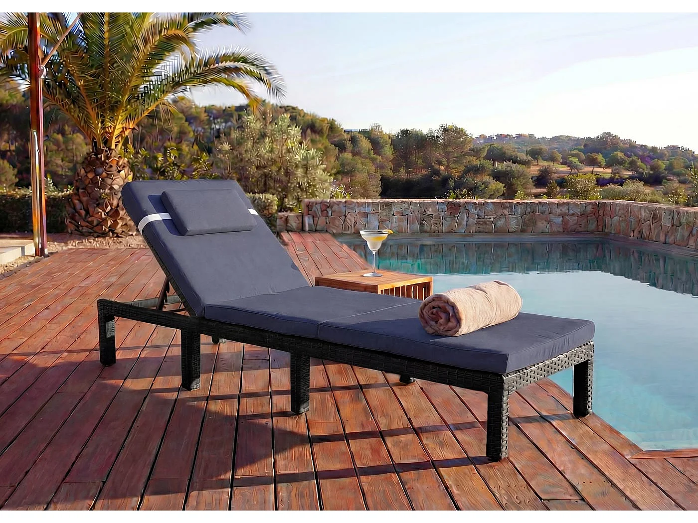 Poly-Rattan Bain de soleil MCW-A51 Premium,  Premium anthracite, coussin gris
