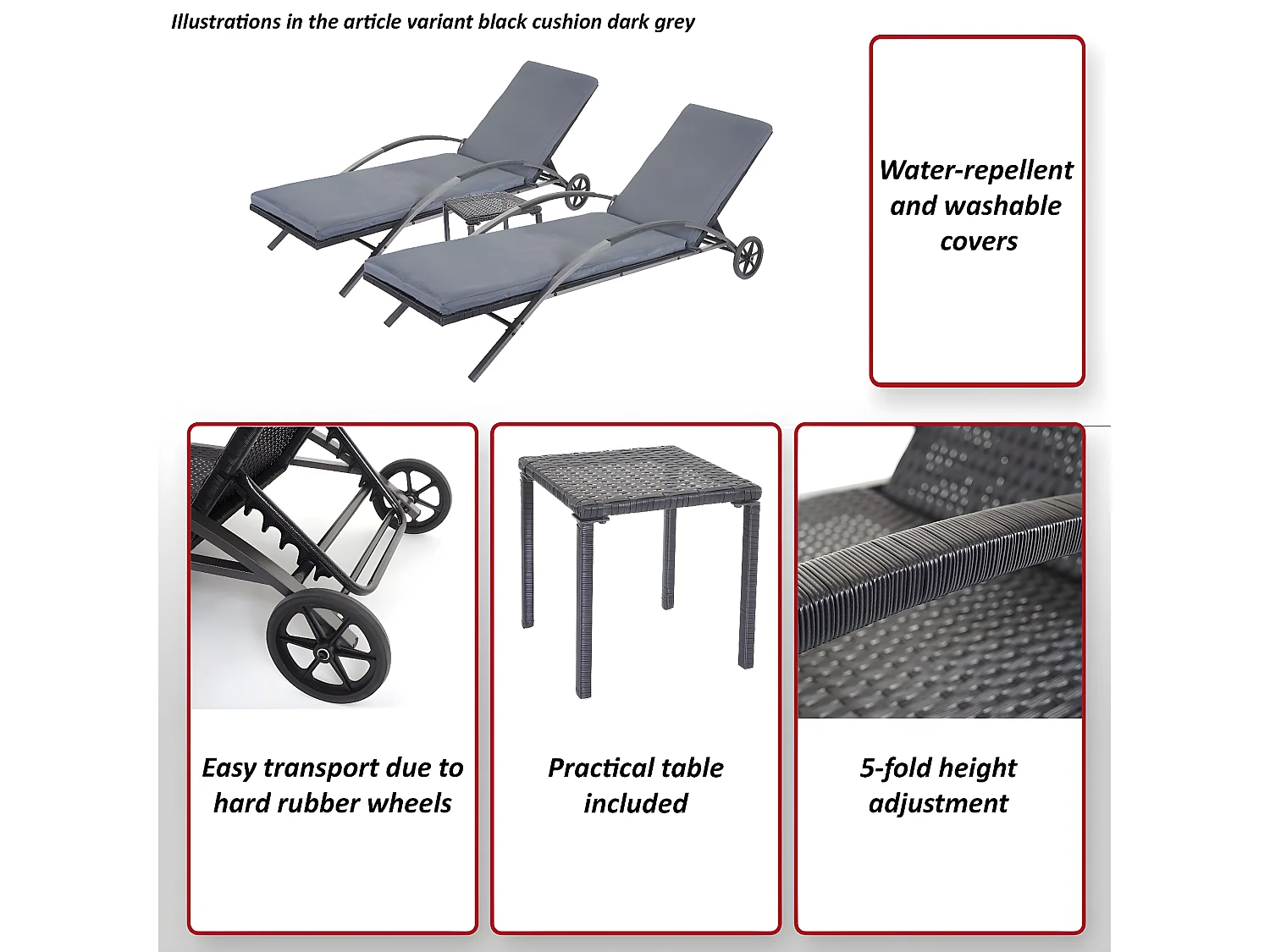Leżak MCW-E27 (zestaw 2 sztuk),  czarne poduszki ciemnoszare