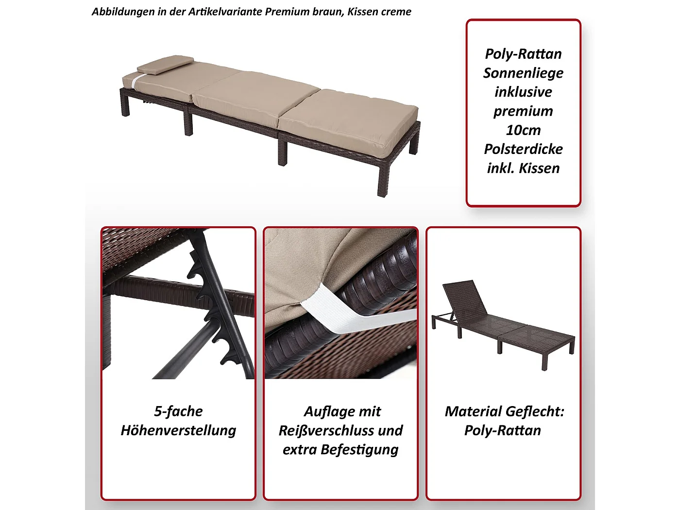 Poly-Rattan Bain de soleil MCW-A51 Premium,  Premium gris, coussin gris foncé