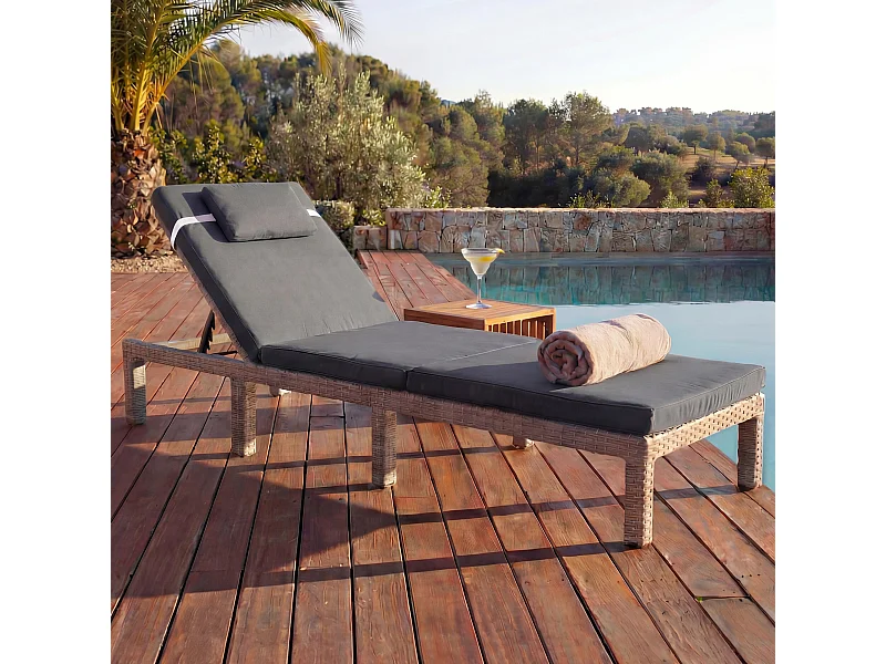 Poly-Rattan Bain de soleil MCW-A51 Premium,  Premium gris, coussin gris foncé