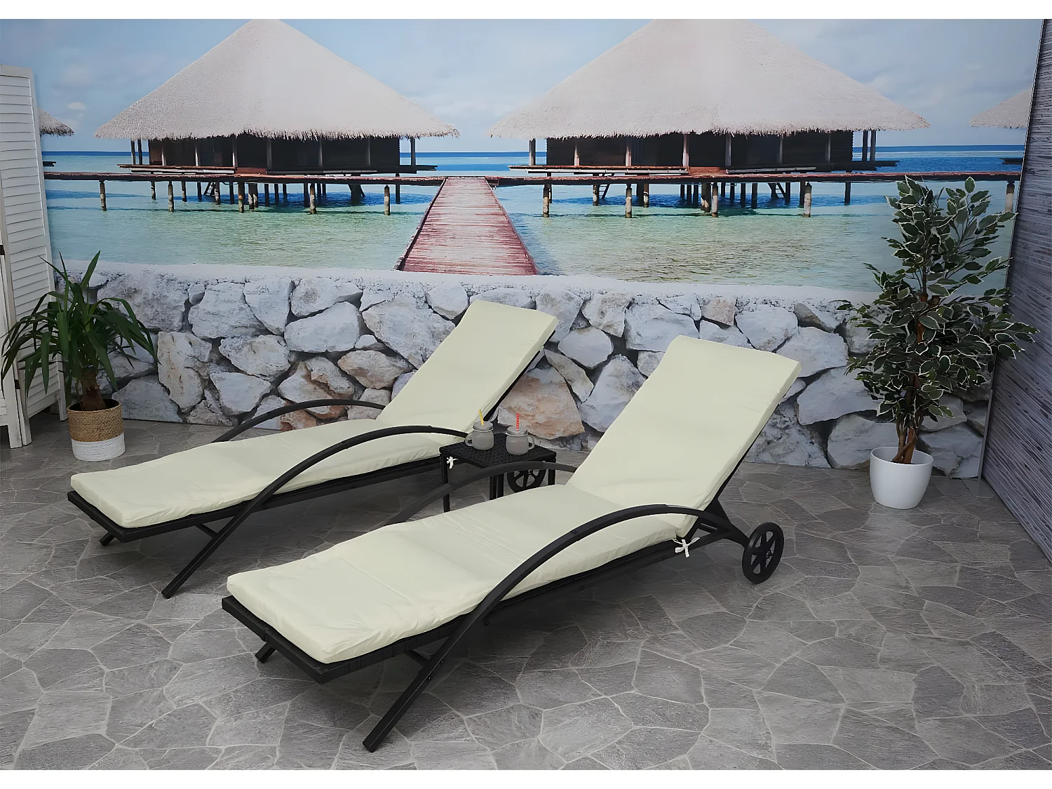 Sonnenliege MCW-E27 (2er-Set), Schwarz, Kissen creme-beige