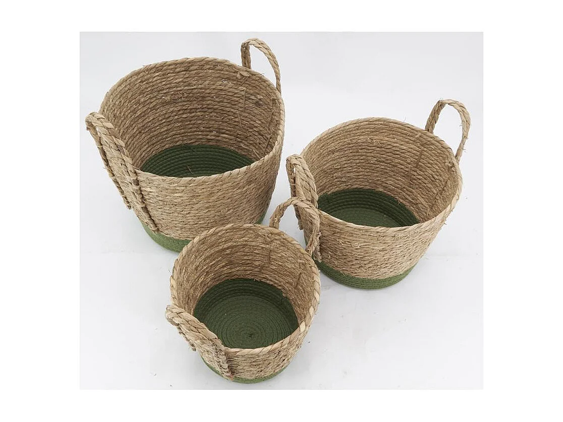 Cache-pots en jonc naturel et coton vert (lot de 3)
