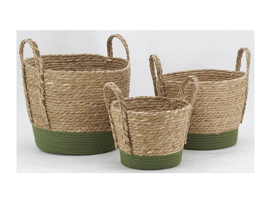 Cache-pots en jonc naturel et coton vert (lot de 3)