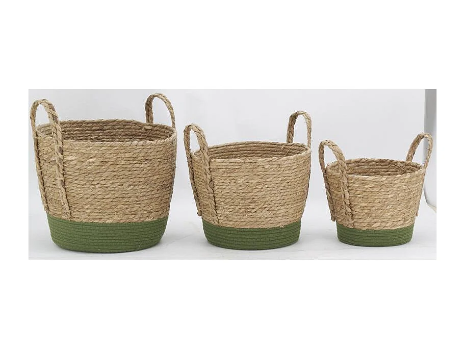 Cache-pots en jonc naturel et coton vert (lot de 3)