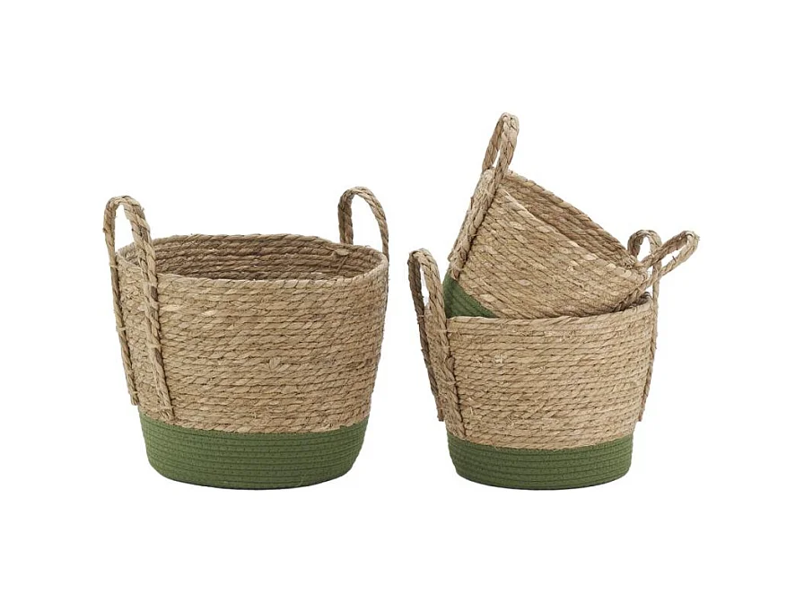 Cache-pots en jonc naturel et coton vert (lot de 3)
