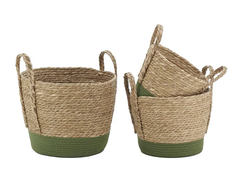 Cache-pots en jonc naturel et coton vert (lot de 3)