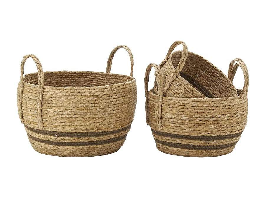 Cache-pots en jonc naturel et coton brun Boule