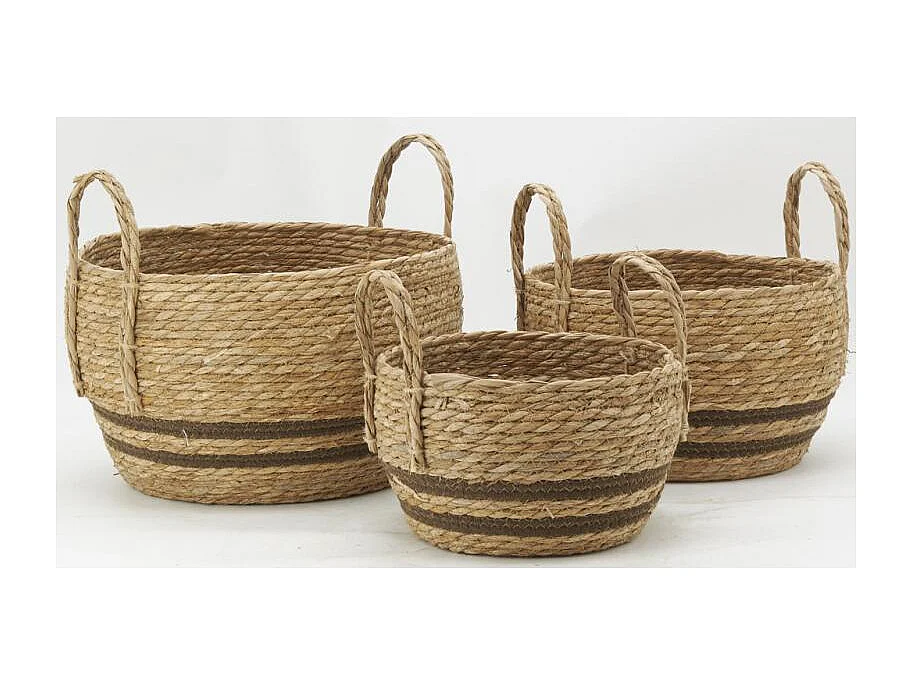 Cache-pots en jonc naturel et coton brun Boule