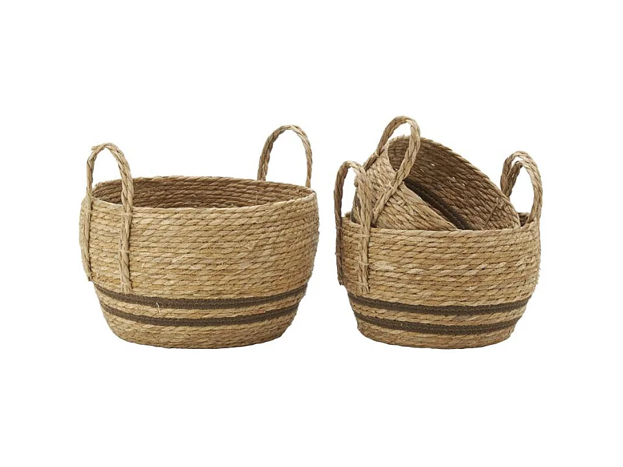 Cache-pots en jonc naturel et coton brun Boule
