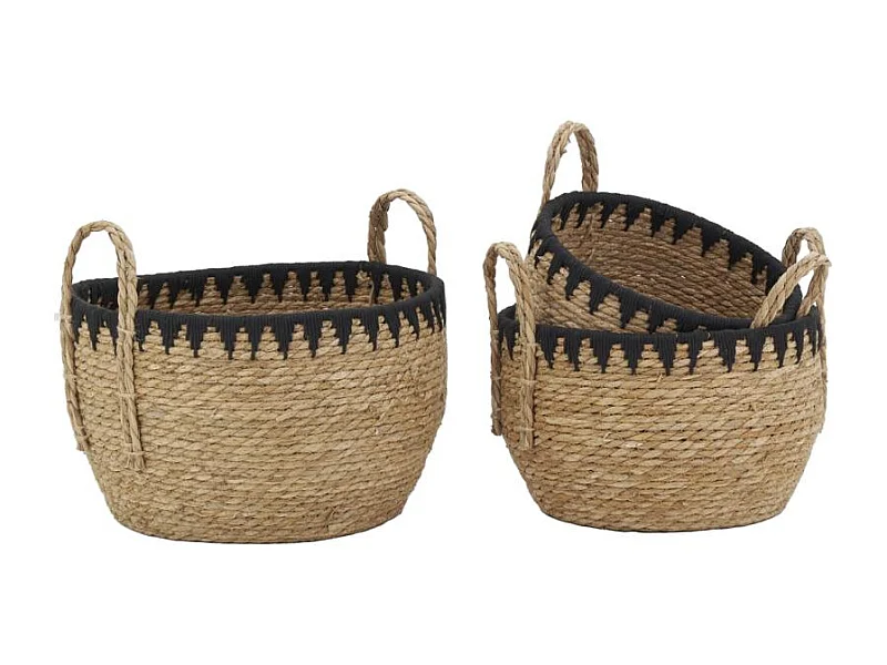 Cache-pots en jonc naturel et triangles noirs (lot de 3)