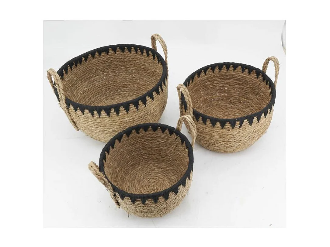 Cache-pots en jonc naturel et triangles noirs (lot de 3)