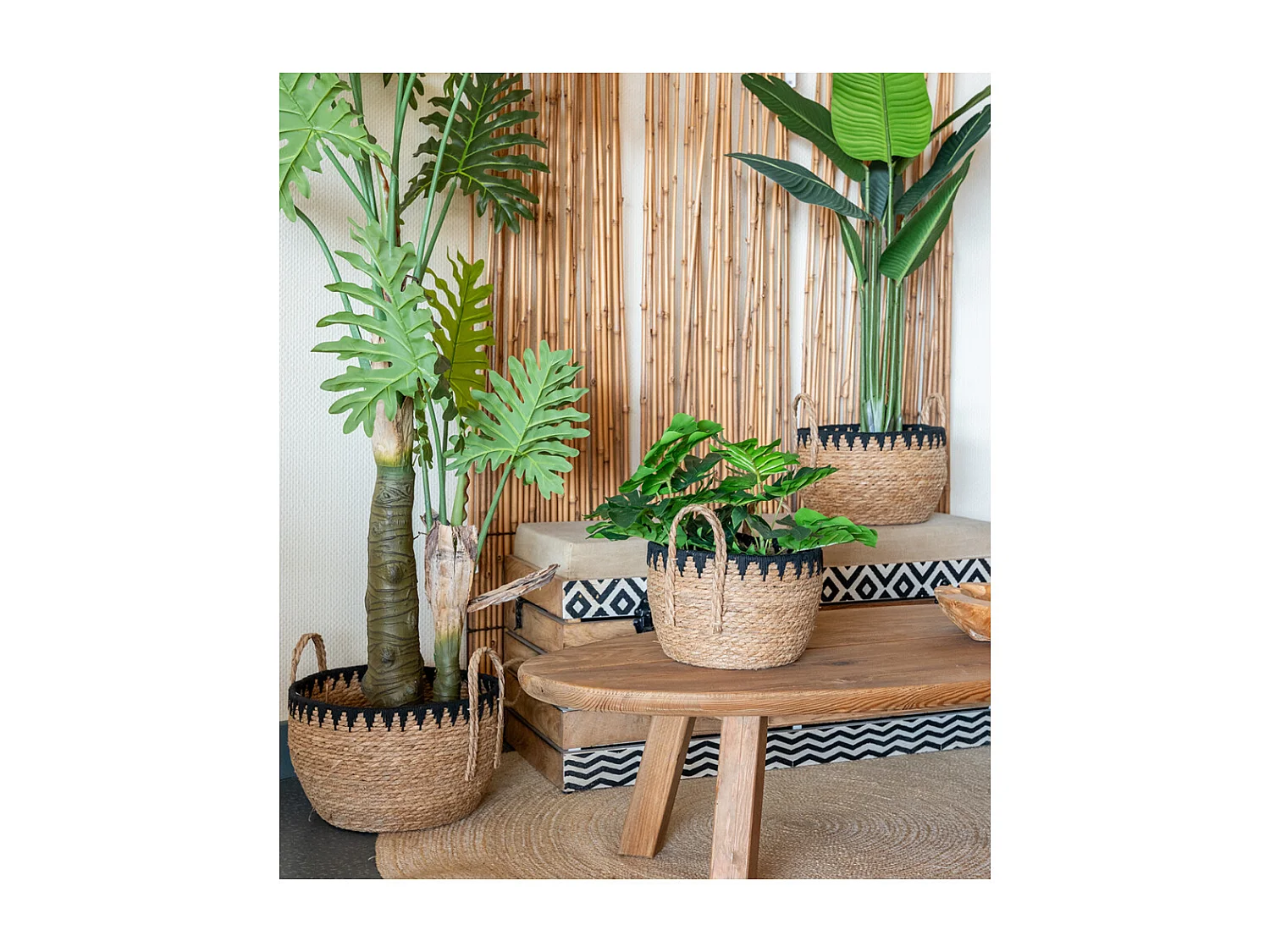 Cache-pots en jonc naturel et triangles noirs (lot de 3)