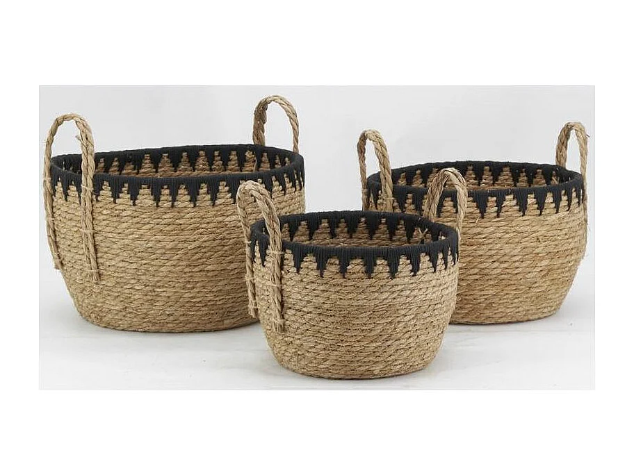 Cache-pots en jonc naturel et triangles noirs (lot de 3)
