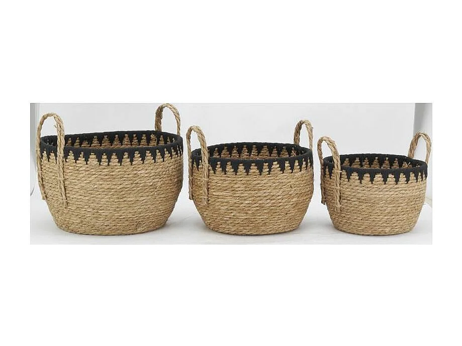 Cache-pots en jonc naturel et triangles noirs (lot de 3)