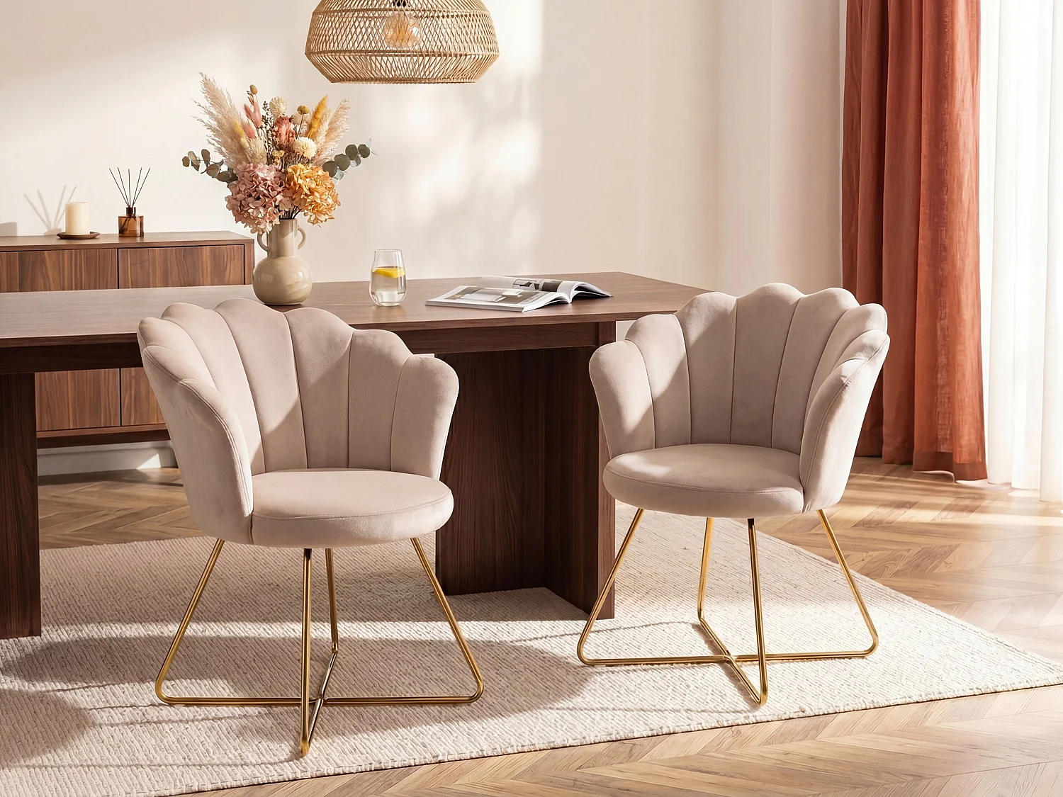 Set van 6 stoelen van velours en metaal - Beige en goudkleurig - FIORI II