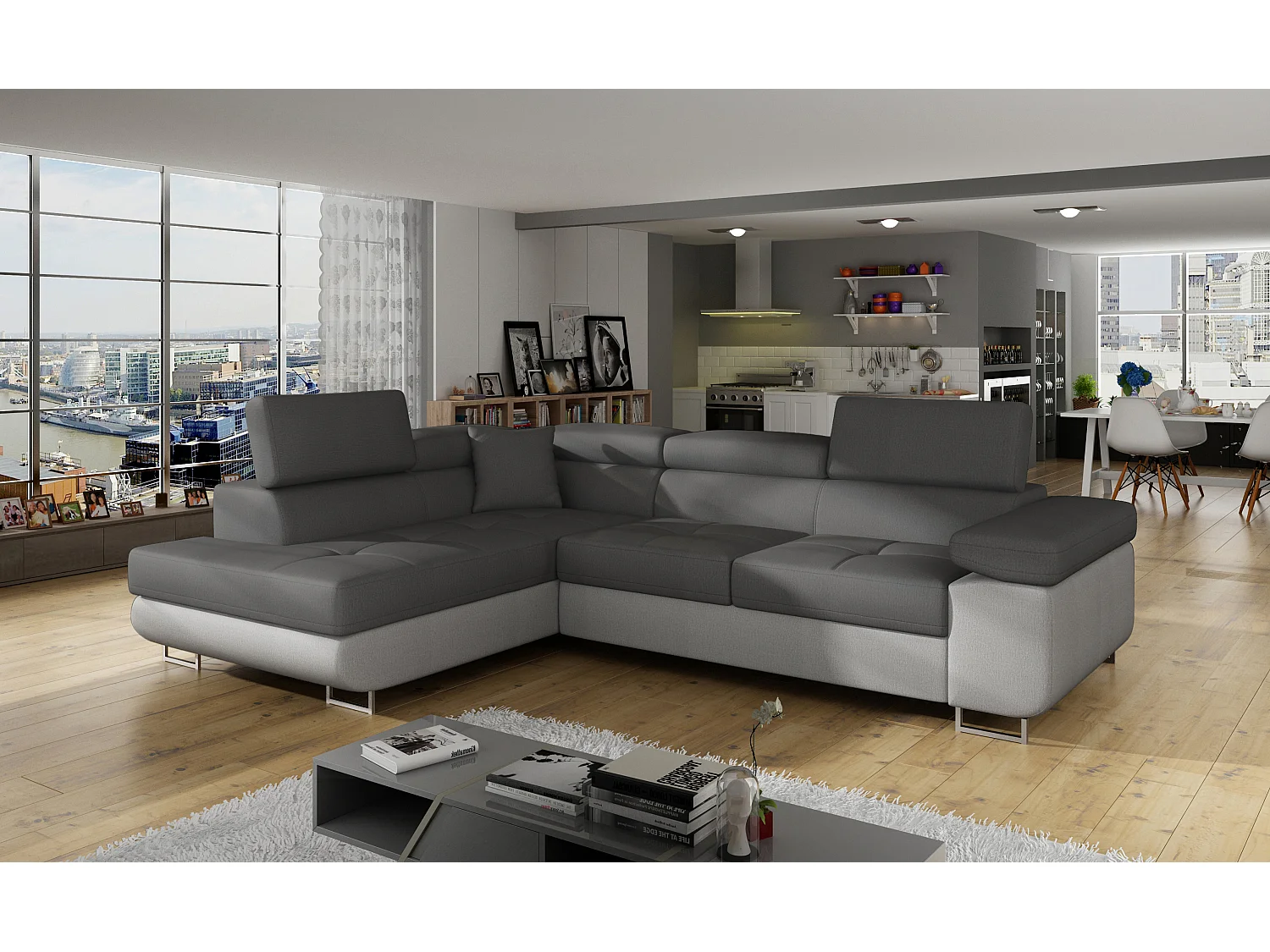 Sofá esquinero convertible en terciopelo con reposacabezas elevables - Colección Marka-Gris/Gris oscuro-Ángulo izquierdo